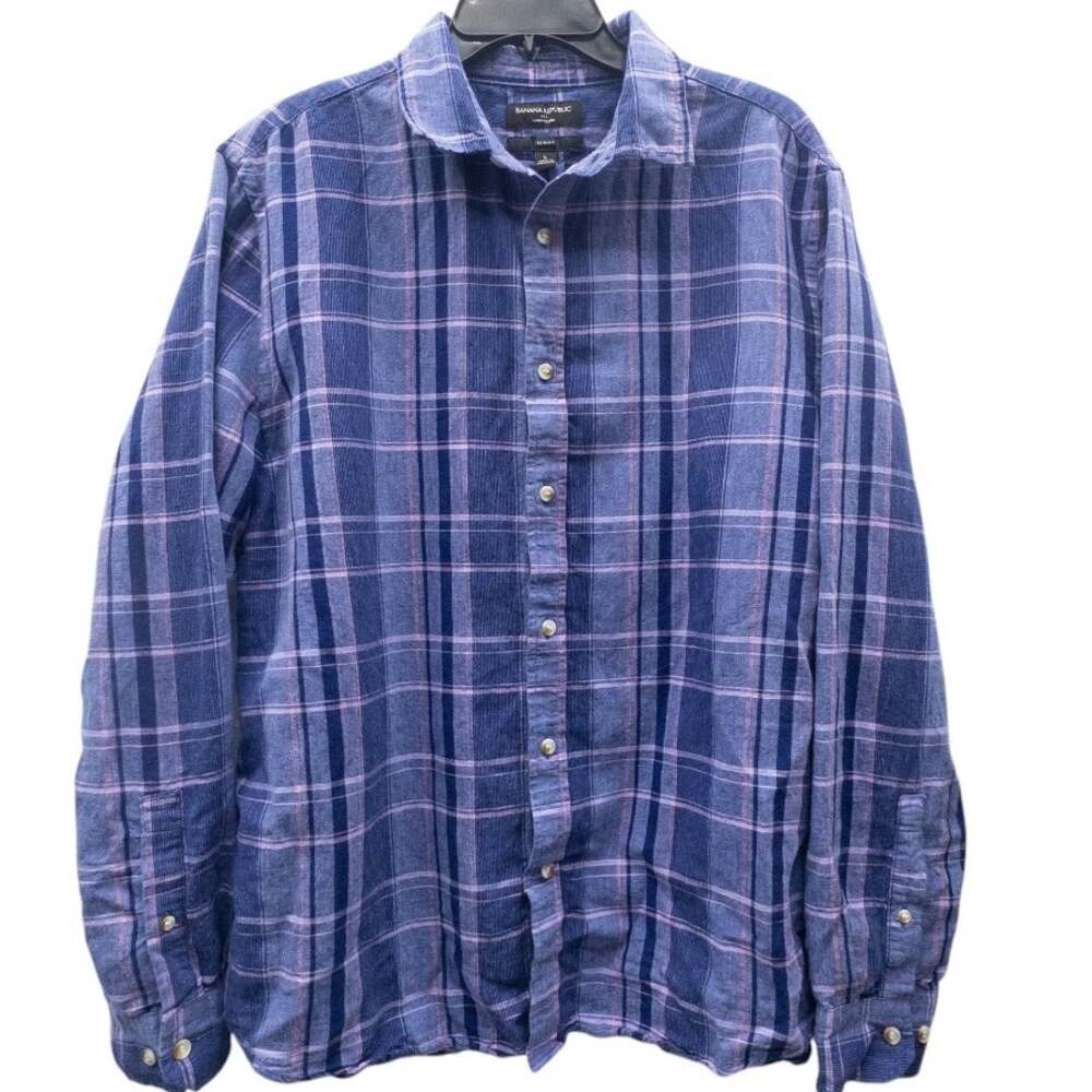 Banana Republic Linen Blend Plaid Button Down Long Sleeve Shirt Blue Pink Men L